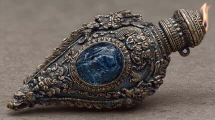 Ornate Antique Oil Lamp with Intricate Carvings and Blue Gemstone