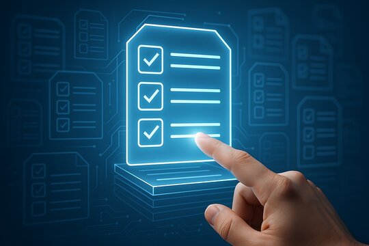 Finger interacting with digital checklist interface representing task verification system for data management and artificial intelligence automation in futuristic paperless workflow environment