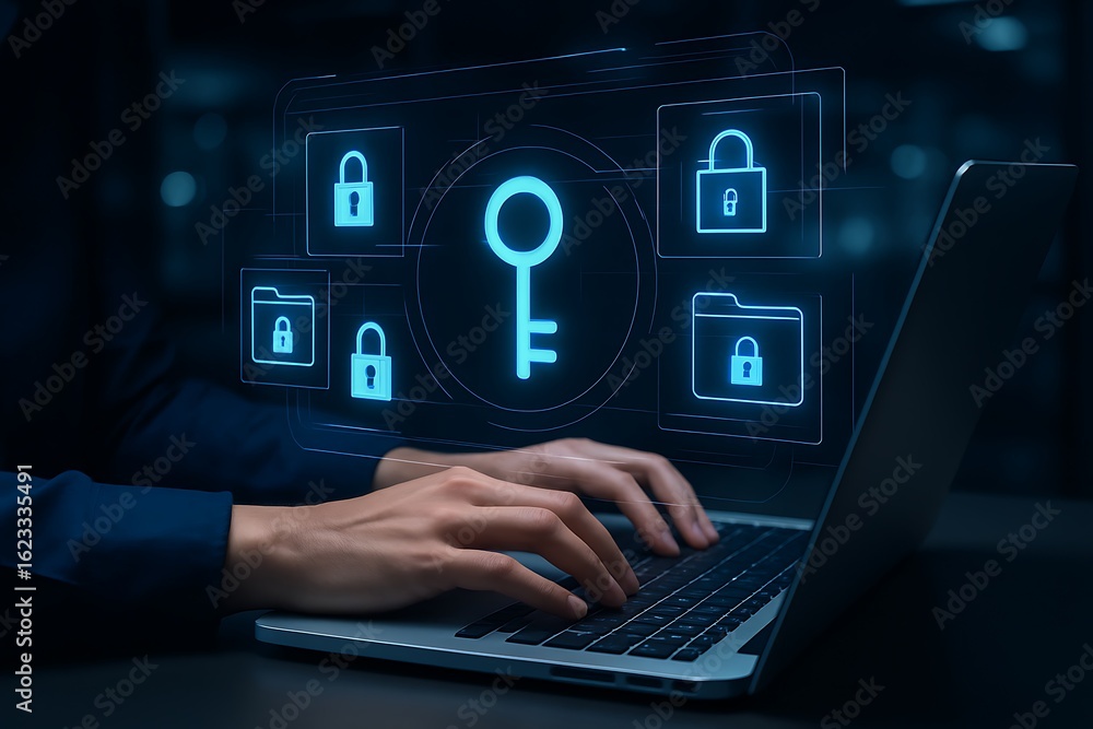 Poster cybersecurity concept showing glowing digital key icon and padlock symbols as person types on laptop