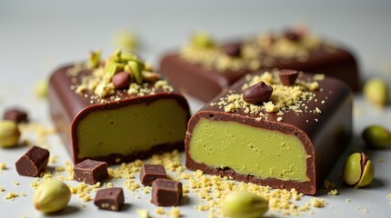 Dubai chocolate bar cut in half with green kadayif pistachio filling, surrounded by ingredients, for luxury dessert branding.
