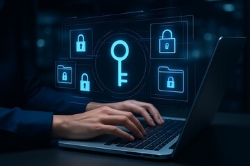 Cybersecurity concept showing glowing digital key icon and padlock symbols as person types on laptop representing secure data access and information protection system