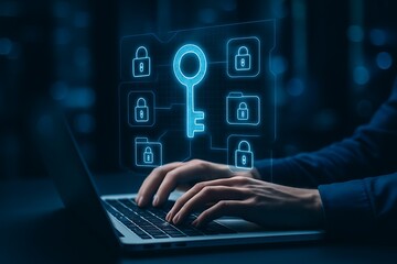Typing on laptop with glowing digital key icon and multiple padlock symbols representing encrypted cybersecurity interface for secure file access and data protection