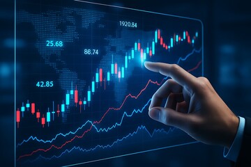 Businessman analyzing digital stock market chart with financial data indicators and global map interface for investment strategy trading and economic growth visualization