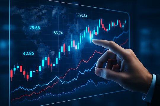 Businessman analyzing digital stock market chart with financial data indicators and global map interface for investment strategy trading and economic growth visualization