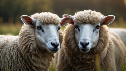 Fototapeta premium Two sheep with thick woolly coats standing close together in a field during sunset.