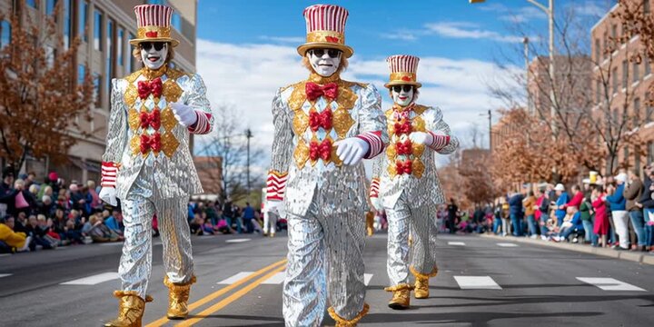 Christmas parade for the 2025 holiday celebration - Nutcracker clowns marching in formation during the annual winter holiday parade to celebrate xmas and more