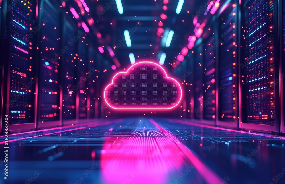 Poster bright neon cloud icon hovering in high-tech server room with glowing lights and futuristic vibes, i