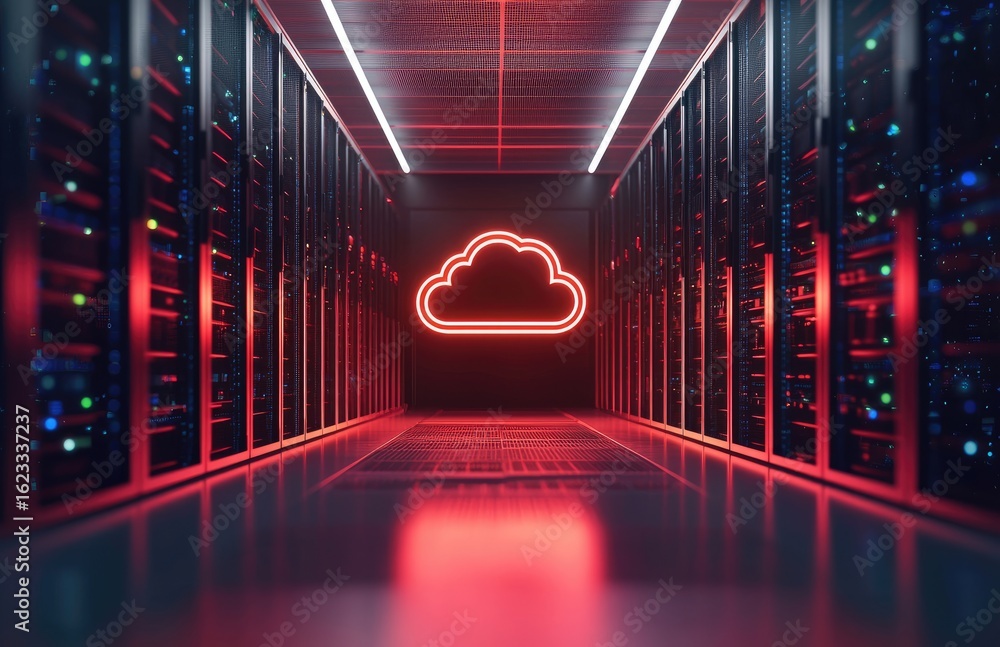 Poster red glowing cloud icon in futuristic server corridor representing cloud computing technology, perfec
