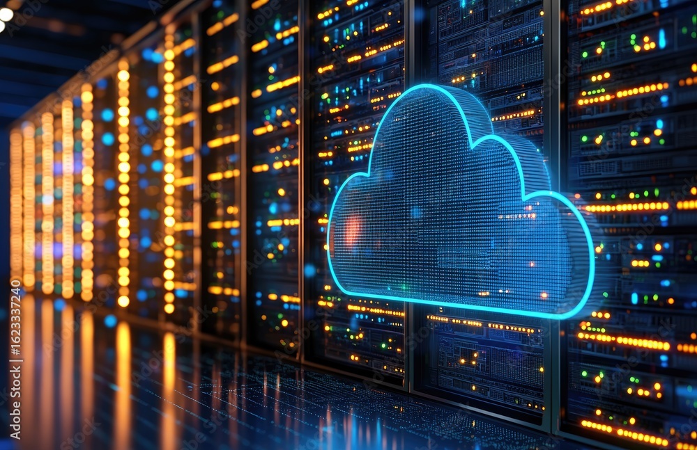 Poster blue neon cloud computing icon floating beside high-tech server racks, illustrating futuristic data 