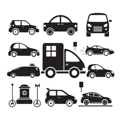 Vector art of assortment of vehicle silhouettes including cars, scooter, and monument, isolated on white background