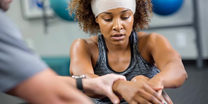 Injured female athlete is getting physical therapy and fitness training to exercise her way back to health - medical heatlhcare in sports