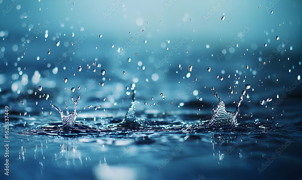 Poster close-up of fresh blue water drops falling and splashing on a calm surface, creating ripples and dyn