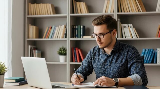 A focused young man with glasses writing notes in a notebook while seated at a modern desk with a laptop surrounded by bookshelves filled with colorful books and a small plant creating a studious atmo