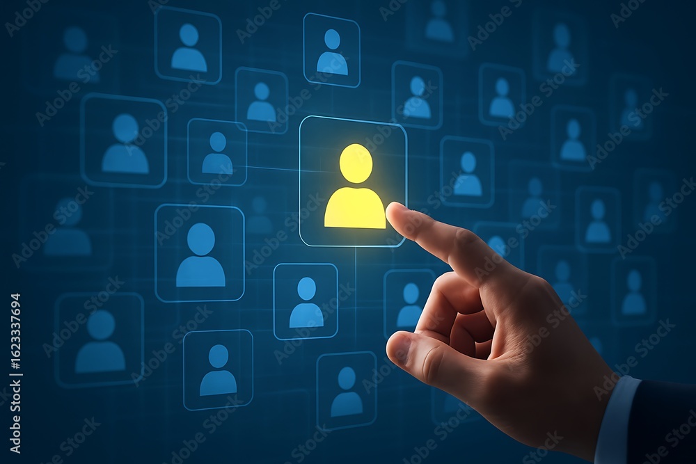 Poster business hand pointing to selected user avatar on digital screen for targeted customer profile ident