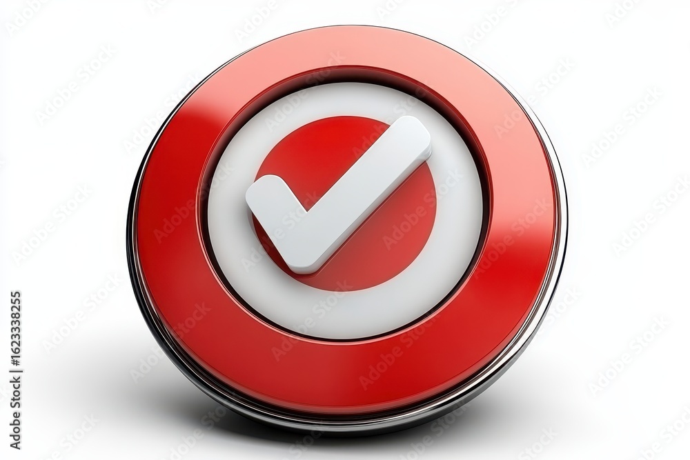 Poster three-dimensional checkmark icon on a red button.