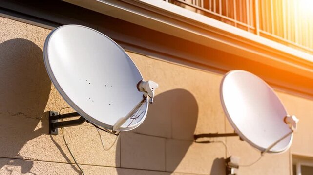 Two White Satellite Dishes Mounted on a Beige Building Wall Receiving Telecommunication Signal Under Sunlight