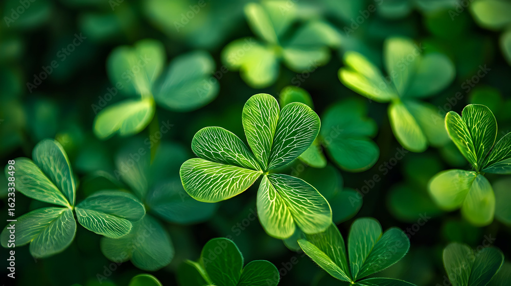 Poster close-up photo of vibrant green three-leaf clovers in a field, with shallow depth of field and soft 