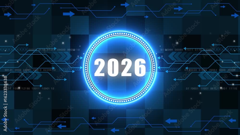 Poster 2026 text with screen effects of technological failures. concept of counting years. new year celebra