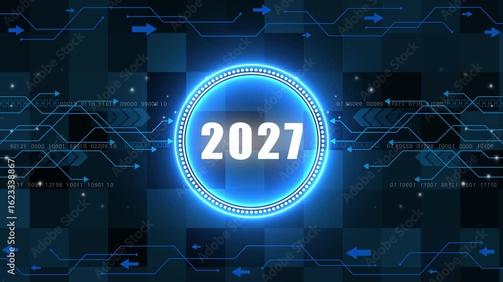 Poster 2027 text with screen effects of technological failures. concept of counting years. new year celebra
