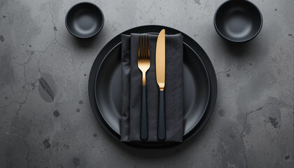 Elegant Black Dinner Set with Golden Cutlery on White Table – Luxury Dining Flat Lay