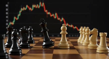 Black and White Chess Pieces on Wooden Board with Stock Market Graph in Background