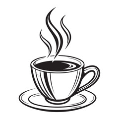 Vector art of black and white illustration of a steaming cup of coffee on a saucer, isolated on white background