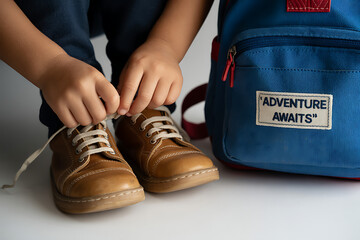 Child tying shoe laces, ready for adventure with backpack, a sign says adventure awaits, preparing for school or travel