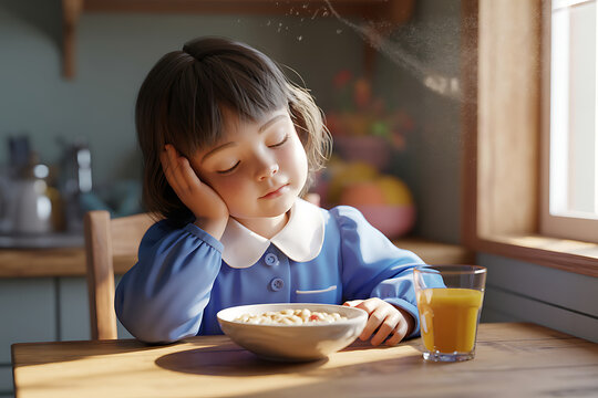Dreamy child taking a break at breakfast table with cereal and juice, enjoying peaceful morning sunlight