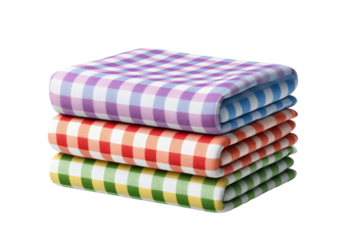 Stack of colorful checkered tablecloths