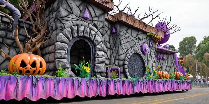 Spooky Halloween float during holiday parade on the small town street with cool decorations