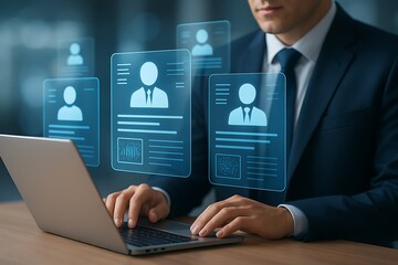 Modern businessman evaluating digital resumes through AI recruitment platform with holographic profile interface for efficient virtual hiring and employee screening