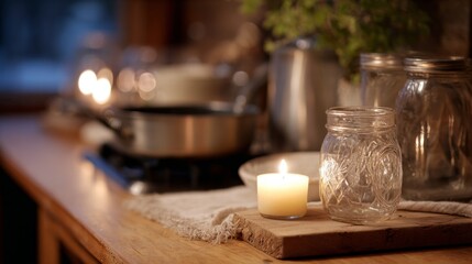 Cooking by candlelight brings warmth to a homestead evening during a power outage with glowing jars