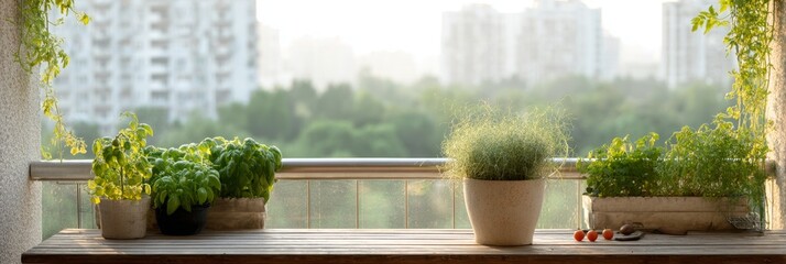 Balcony features planters with homegrown tomatoes and herbs, bathed in warm morning light