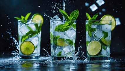 Three refreshing mojito cocktails with lime slices, mint leaves, and ice cubes splashing in a dark background.