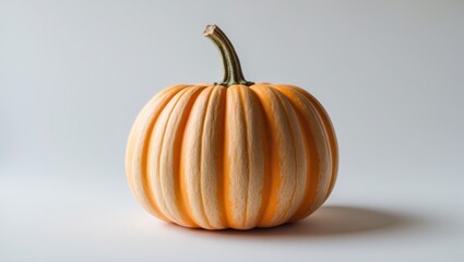 Pumpkin with light orange and cream stripes on a plain background.