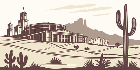 Vector Mesa Silhouette: Iconic Mesa Arts Center & Desert Background
