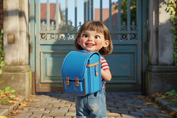 Smiling young girl ready for school, holding vibrant blue backpack with cheerful expression, excited for new adventures