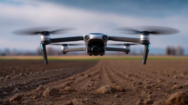 Drone Surveys Farmland with Camera Under Cloudy Sky - Powered by Adobe