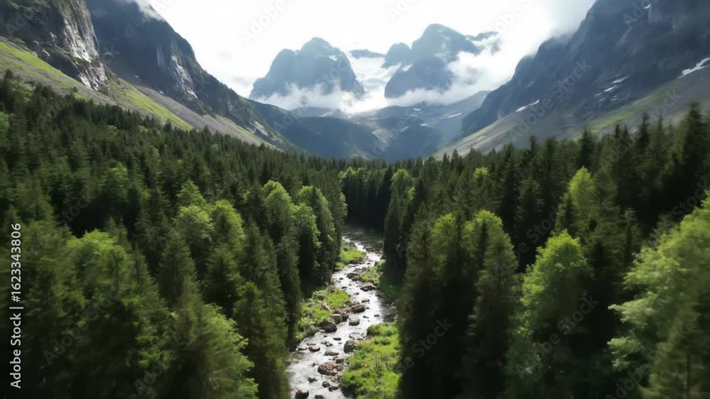 Poster lush green forest with a clear stream flowing over rocks and vibrant green ferns and a mountainous b