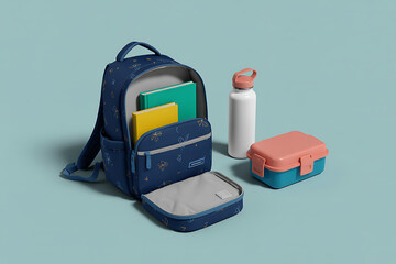 Backpack ready for school with books, lunchbox, and water bottle, perfect for educational, lifestyle, and back-to-school themes