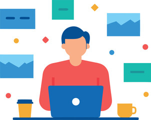 Flat Illustration of Professional Using Laptop for Work