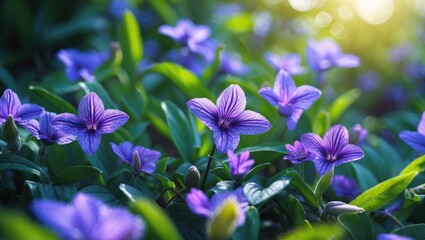 Purple flowers blooming amidst green leaves with sunlight shining in the background.