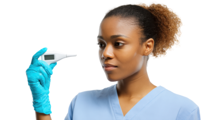 A healthcare professional checking temperature with a digital thermometer, wearing gloves and a scrubs uniform.