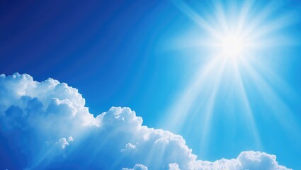 Bright sun shining in the sky with clouds, clear weather, and sunlight rays radiating outward.