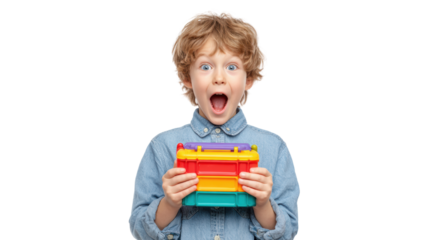 A joyful child with curly hair holding a colorful toy, expressing surprise and excitement against a white background.
