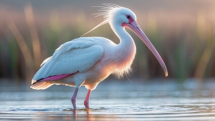 A pelican standing in water at sunset with its long beak curved downward. Wildlife and nature scene. Bird species, aquatic environment, and serene setting.