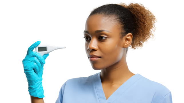 A healthcare professional checking temperature with a digital thermometer, wearing gloves and a scrubs uniform.