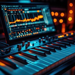 Closeup of a digital music production setup featuring a synthesizer keyboard and a computer screen displaying audio software, illuminated by blue and orange lights