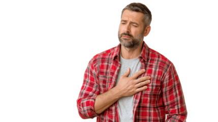 A man in a plaid shirt expresses a moment of reflection with a hand on his chest, isolated on white background.