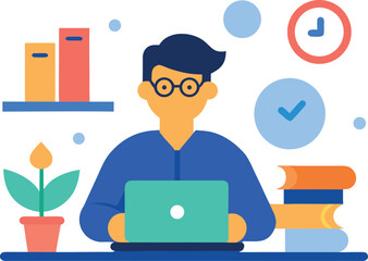 Flat Office Scene with Character Using Time Management
